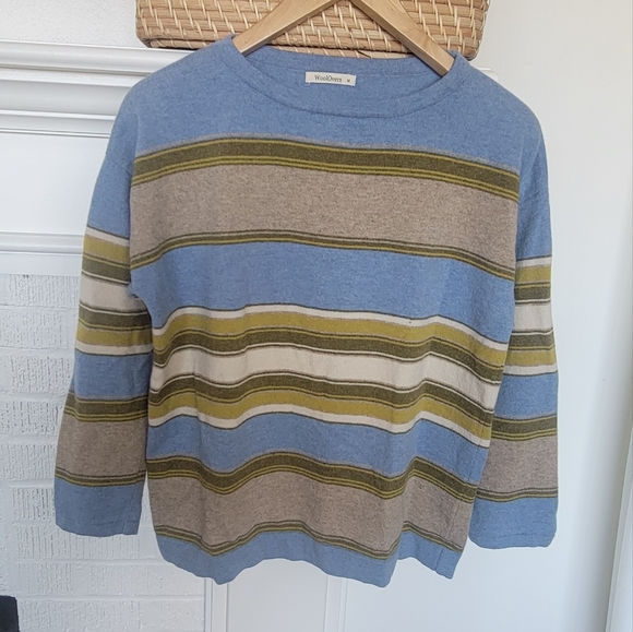 Woolovers Striped Blue/Green 100% Extra Fine Merino Wool Sweater Women's Medium - Picture 1 of 8